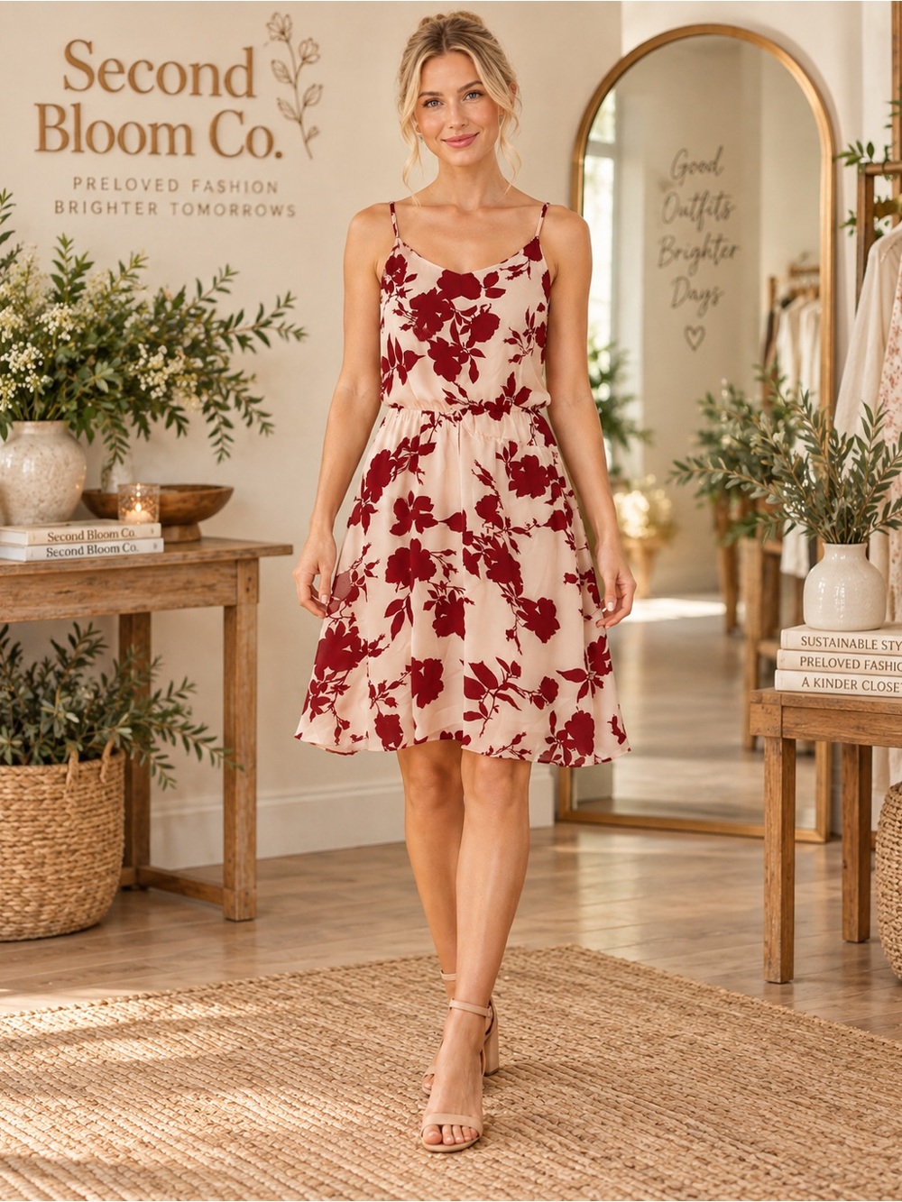 Grace Karin Red Floral Blush Sleeveless Dress Size L 💛B1G2 FREE💛